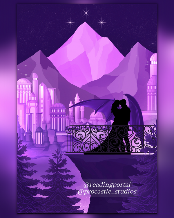 A woman and a winged man stand on a balcony gazing at the city below them wile holding each other